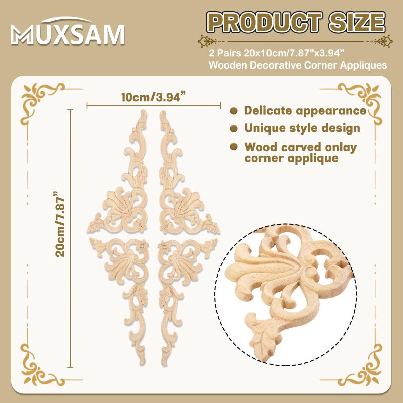 MUXSAM 2-Pair Wood Carved Onlays, 20x10cm/7.87"x3.94", Left&Right Decorated Furniture Appliques, Wooden Carving Corner Decals for Cabinet Drawer Cupboard Dresser Mirror Door Wall Bed DIY Projects - Image 2